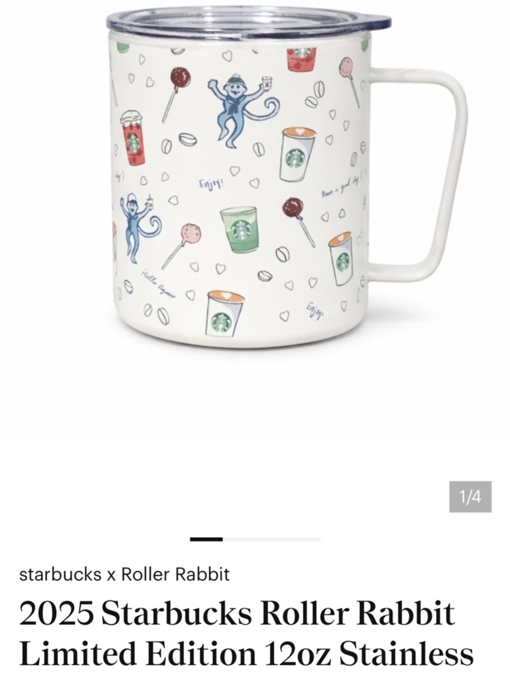 Roller Rabbit Starbucks colab White Mug with monkey pattern